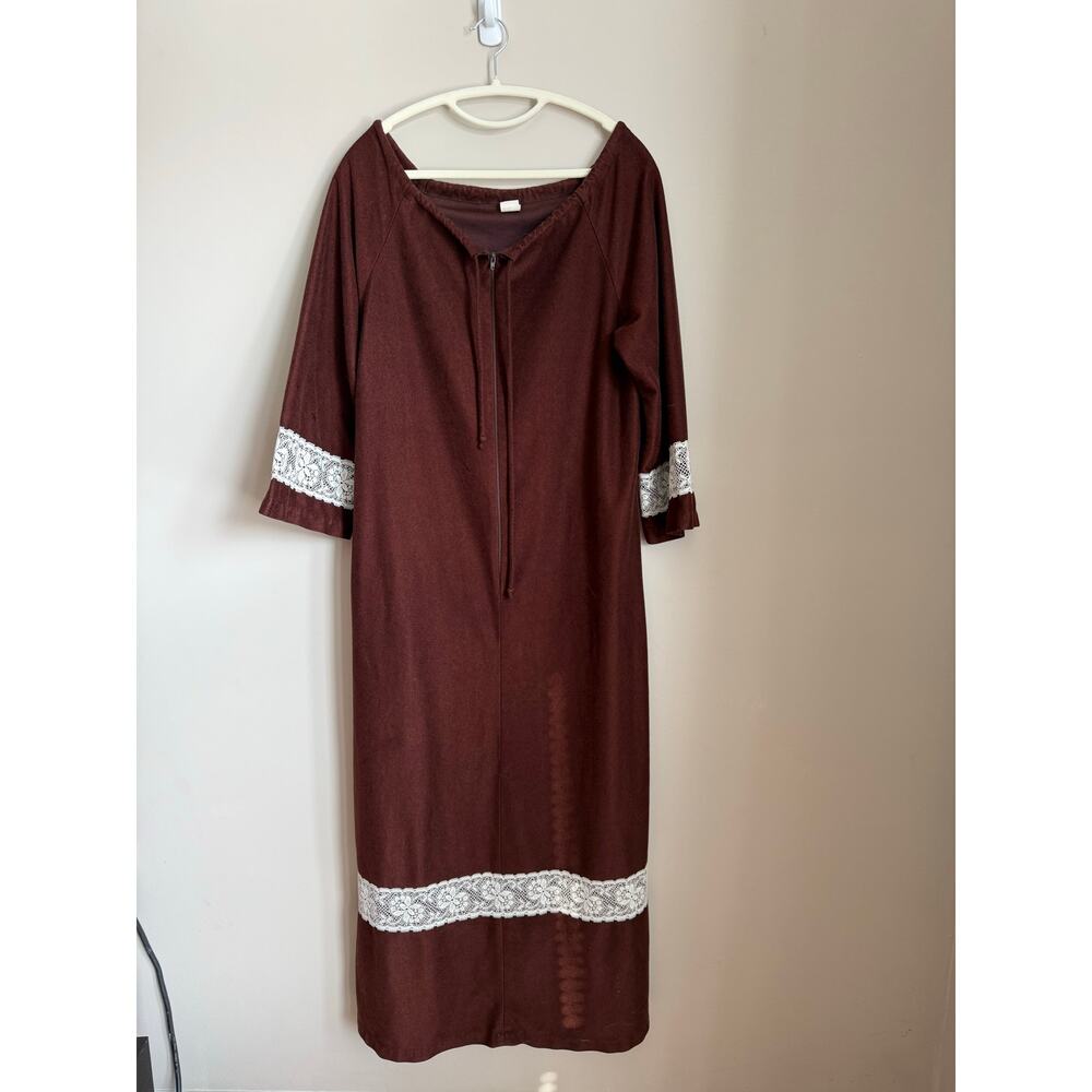 Vintage 1970s Brown Lace Trim Lounge Dress Size Medium Cottagecore Prarie Boho
